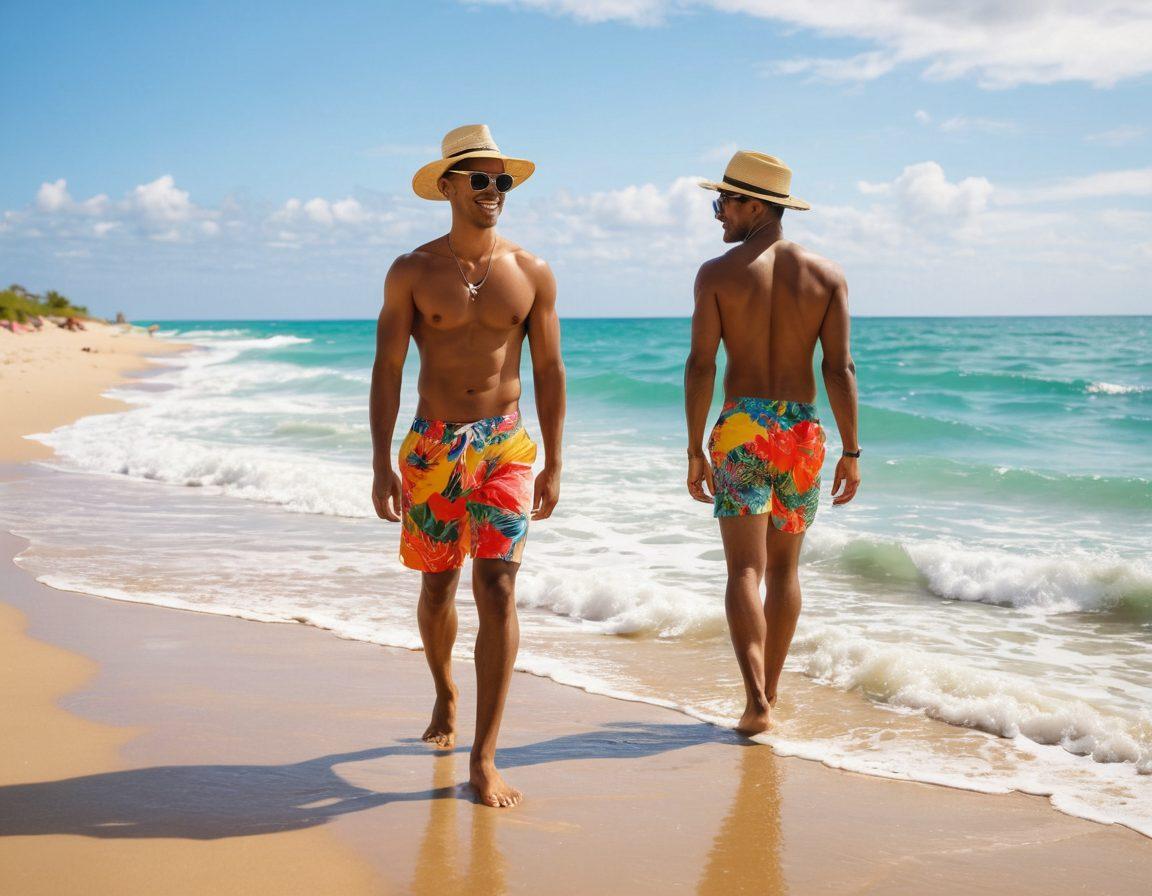 A stylish man confidently strutting along a sun-kissed beach in a vibrant, tropical setting, showcasing an array of trendy beachwear such as floral swim trunks, sunglasses, and a wide-brimmed hat. In the background, friends of diverse ethnicities enjoy the waves, all radiating joy and confidence, with colorful umbrellas dotting the sandy shore. The scene captures the essence of freedom and self-expression in gay fashion. bright, summery colors. super-realistic. high resolution.