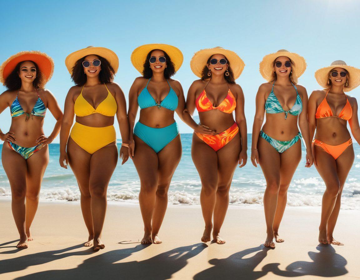 A diverse group of people joyfully wearing colorful beachwear, confidently showcasing their unique bodies on a sunlit beach. The scene should capture vibrant energy with the ocean waves in the background and a clear blue sky, highlighting the theme of body positivity. Include beach accessories like sun hats and sunglasses for added flair. super-realistic. vibrant colors. natural lighting.